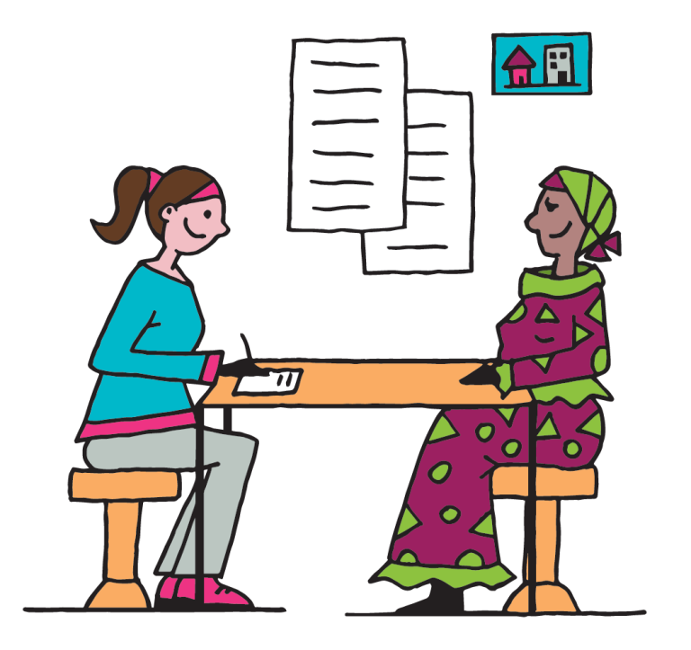 Illustration d'une femme qui réalise un entretien d'autre femme autour d'une table à la maison d'accueil et d'hébergement "Le 26"